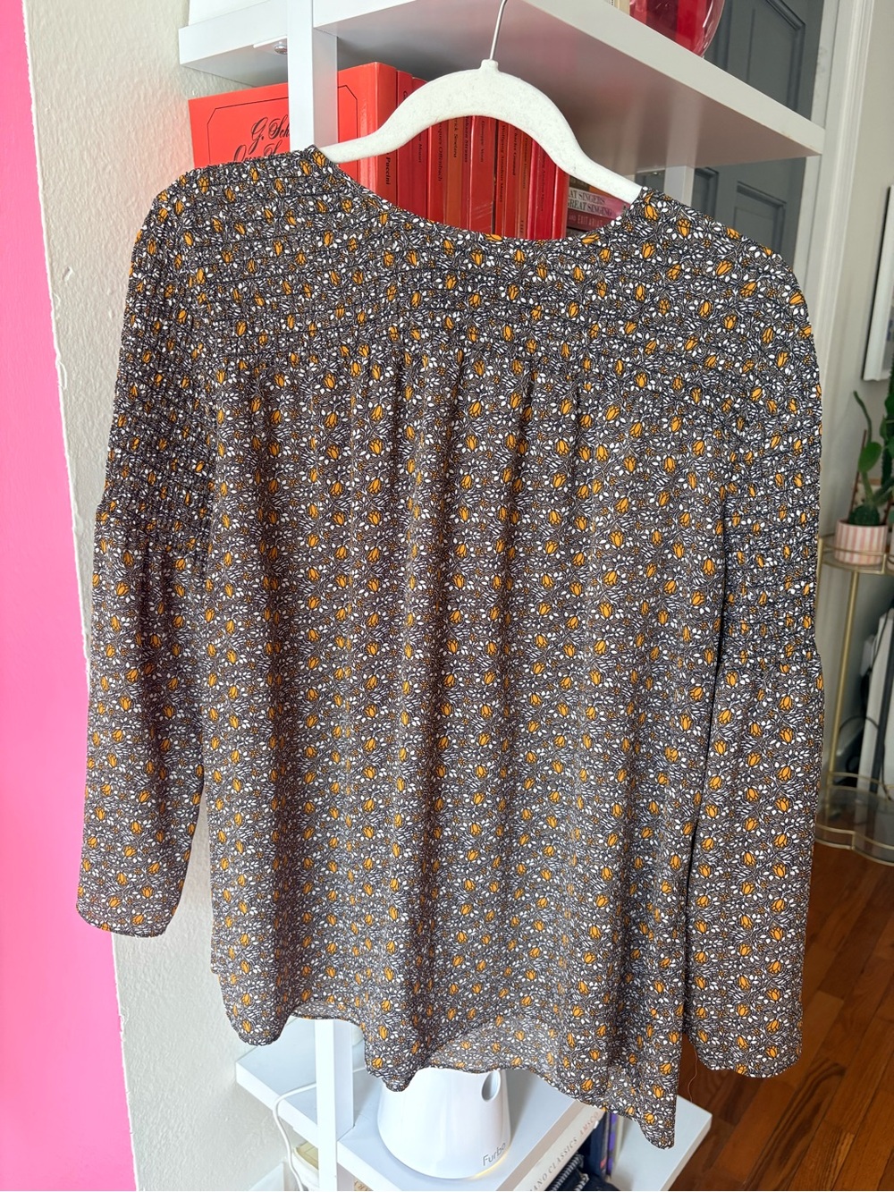 Michael Kors Brown Floral Long Sleeve Blouse with Mustard Accents